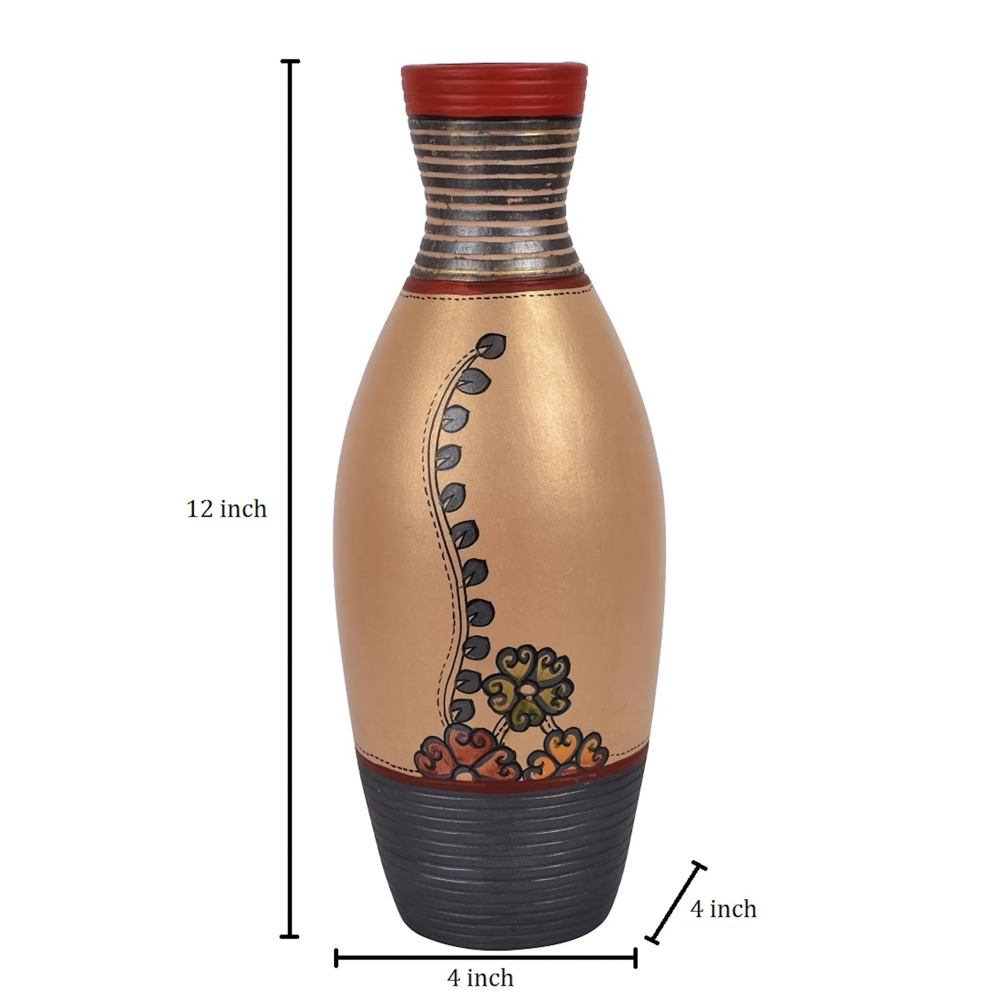 Vase Earthen Handcrafted Simmer Gold Madhubani 12x4(HxD)